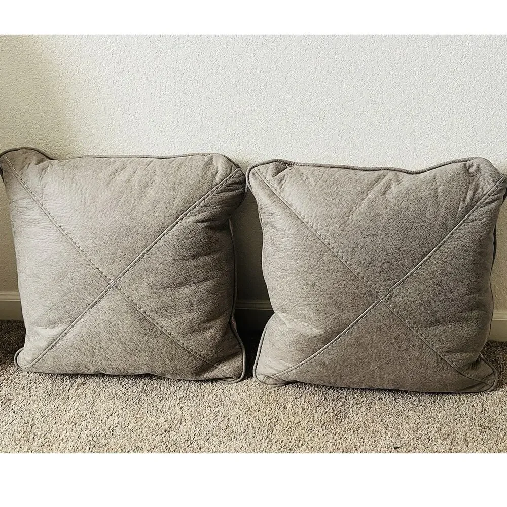 Set 2 Plaid 100% Waterfowl Feather Pillows Beige Tan Gray Grey Checkered Suede